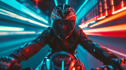 Rolgordijnen A motorcyclist rides fast in neon lights. © Nikolay