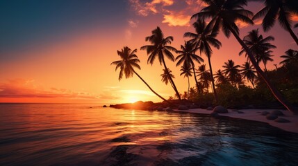 Fototapeta na wymiar Amazing sunset on a tropical beach with palm trees.