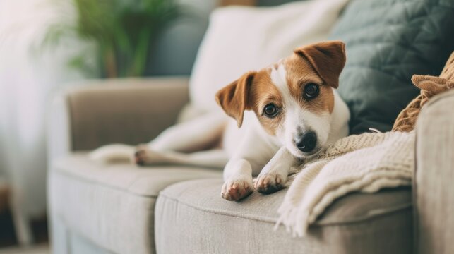 Portrait of a purebred puppy lying on a comfortable sofa in a modern living room.