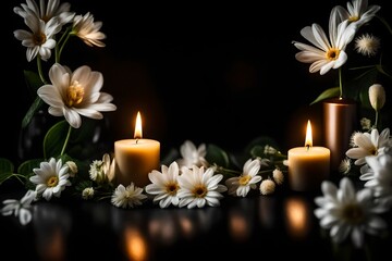 Burning candles and white  flowers on black background with space for text. Funeral concept