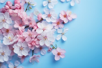 Fototapeta na wymiar spring flowers bouquet on blue background. tulips and daffodils arranged together