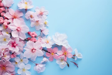 spring flowers bouquet on blue background. tulips and daffodils arranged together