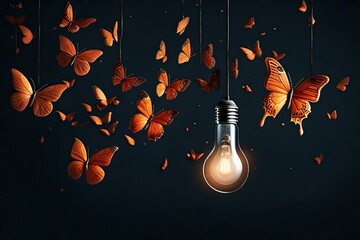 Creative idea , with colorful butterflies coming out from  transparent light bulb 