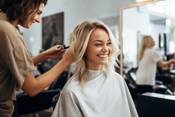 Young female hairdresser fixing hair of gorgeous smiling woman with hairspray. Hairdress and beauty concept
