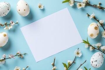 Decorated Easter eggs with flowers laid out in a circle on a blue background with a white sheet in the center with space for copy text. Spring card. Valentine's day, wedding day and anniversary concep