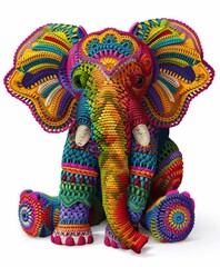 Obraz premium Illustration vector designs a handcrafted style elephant with detailed crochet patterns and vibrant yarn colors White background