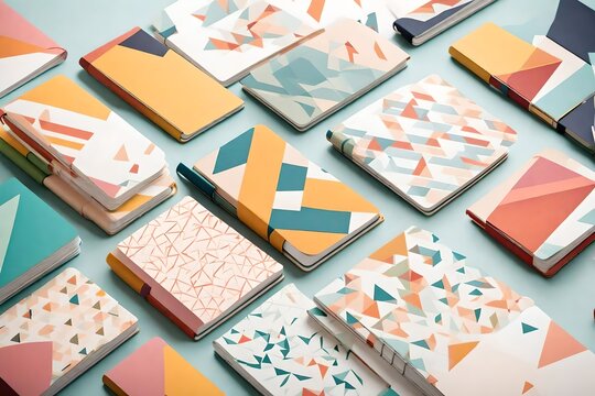 A set of colorful, minimalistic notebooks with geometric patterns on the covers