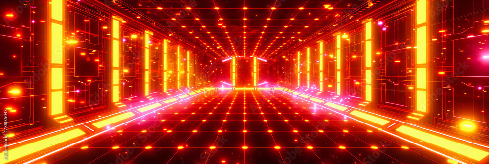 Poster neon lights illuminating a futuristic room, creating a vibrant space with modern technology and abst