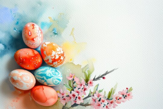 Watercolor Drawn beautiful multi-colored Easter eggs for the holiday of Holy Easter, copi space
