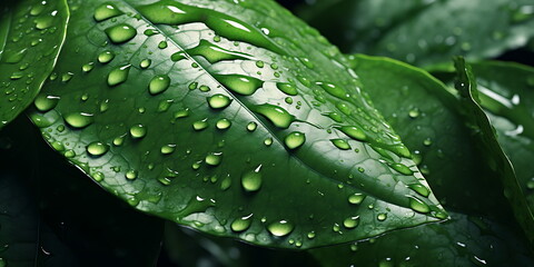 a green leaf with water drops on it, generative ai