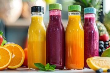 bottles of different freshly squeezed smoothies close-up in row