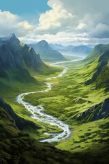 Beautiful landscape with a mountain river among the green slopes of the mountains, travel and tourism concept, vertical
