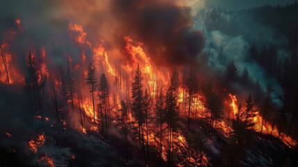 Fire in the forest at night. Burning trees. natural disaster. Fire and smoke in nature