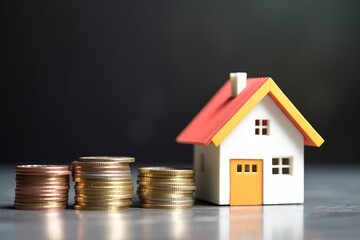 A small toy house next to a stack of coins on a blurred background symbolizes invests, savings, buying and selling real estate, your own dream home with copyspace for text
