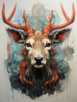 Poster, Tiergem&auml;lde, vektor, abbildung, cartoons, hirsch, geweih, kopf, abstrakter Hintergrund, animal painting, vector, illustration, cartoons, deer, antlers, head, abstract background, 