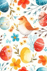 We draw in watercolors beautiful multi-colored Easter eggs with a bird in the center for the holiday of Holy Easter. Easter and spring celebration concept. Postcard on a spring theme, vertical
