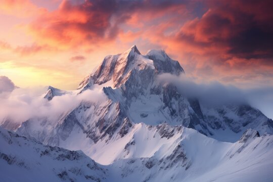 Snow-capped mountains with clouds on the slopes and dark scarlet clouds. The concept for the development of tourism, mountaineering, skiing, rock climbing, excursions in the mountains.  
