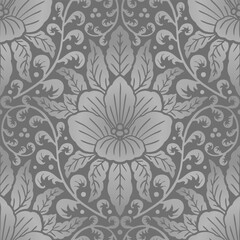 Fototapeta na wymiar Seamless gray Damask pattern with tropical motifs. Floral abstract repeat monochrome background.