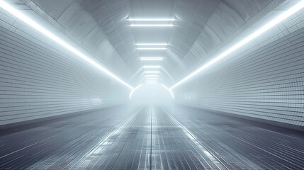 Futuristic tunnel, corridor, interior with light. Modern hallway. Concept of studio, stage, future, industry, sci-fi, science.
