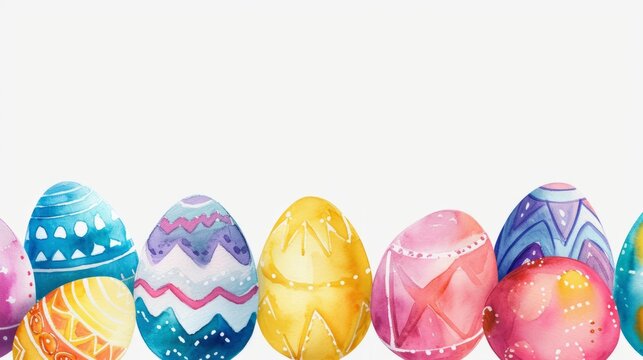 Watercolor Drawn beautiful multi-colored Easter eggs for the holiday of Holy Easter. The concept of celebrating Easter, the arrival of spring. Еmpty space for text.

