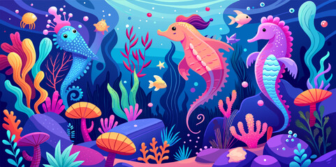 Vector Illustration of Graceful Seahorses, Coral Reefs, and Translucent Jellyfish in Pastel Hues