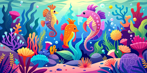 Fototapeta na wymiar Vector Illustration of Graceful Seahorses, Coral Reefs, and Translucent Jellyfish in Pastel Hues