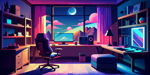 Vector Illustration of a Cozy Late-Night Gaming Setup