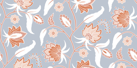 Seamless pattern with stylised indian style flowers and leaves on a stem. Hand drawn floral repeat background
