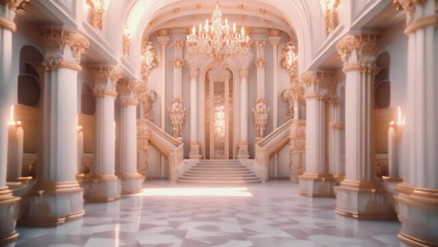 A realistic fantasy white gold marble interior of the royal palace. golden palace. castle interior. Fiction Backdrop