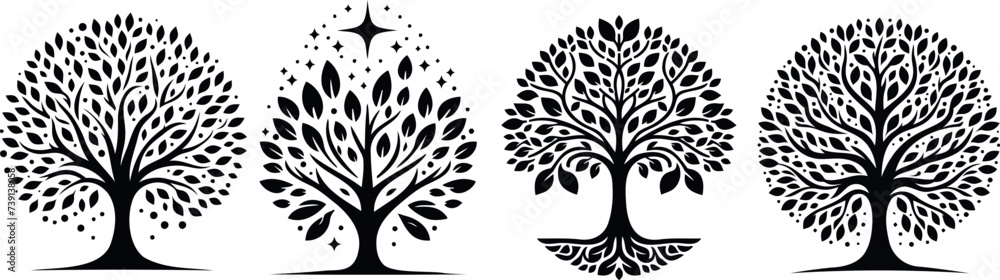 Wall mural artistic tree silhouettes, perfect for logos, tattoos, decorations. intricate designs, monochrome be