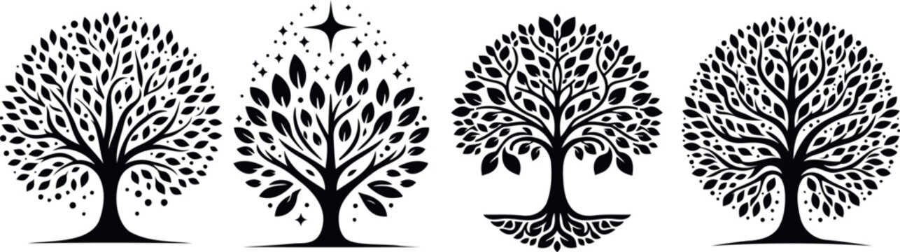 artistic tree silhouettes, perfect for logos, tattoos, decorations. Intricate designs, monochrome beauty, nature’s elegance captured in black. Ideal for creative, organic, and environmental themes