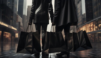 person holding black shopping bags, generative ai - obrazy, fototapety, plakaty