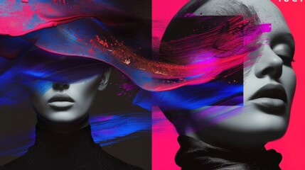 Edgy and modern layout of high end fashion shoot in combination with elements of modern graphic design. Graphic strokes of paint on the model's face. Bright neon colors
