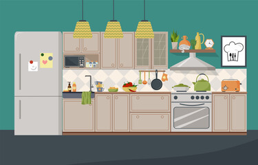 Stylish and modern kitchen interior. Refrigerator and microwave, cabinets and shelves. Sink and stove, dishes for cooking. Kitchen utensils. Flat vector. For advertising brochures, social networks and