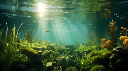 Fototapeta na wymiar Underwater landscape Green Seaweed reef with algae, generative ai