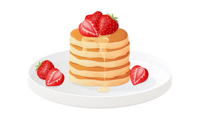 Traditional pancakes with strawberries, maple syrup . Hand drawn breakfast and dessert vector illustration.