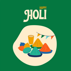 Happy Holi text, Indian festival Holi elements vector hand-drawn illustrations.