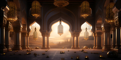 Islamic ramadan lantern middle courtyard islamic mosque cement floor beautiful background - obrazy, fototapety, plakaty