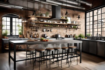 An industrial chic kitchen with exposed brick walls, concrete countertops, and metallic accents. A stylish and urban cooking haven