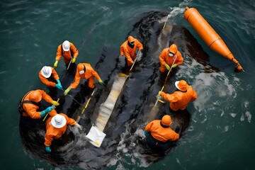 A top-down view of an oil spill response team deploying booms and absorbents to contain and clean up a spill in open water. - obrazy, fototapety, plakaty