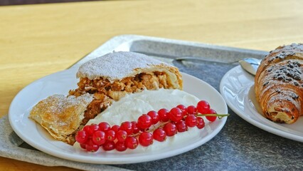 Delicious Dessert Second Breakfast Coffee Crosissant and Apple Pie with Sweet Whipped Cream