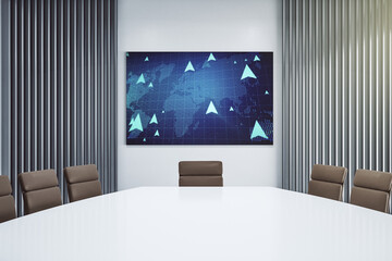 Creative concept of geolocations map on presentation screen in a modern conference room. GPS tracking and navigation concept. 3D Rendering