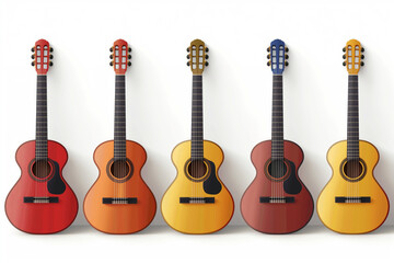 A cartoon illustration set of different color classical acoustic guitars on a white background. Generative Ai Illustration.