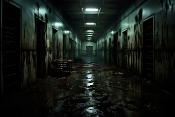 Haunted asylum Terrifying zombies lurk in an eerie abandoned mental hospital. Concept Horror, Zombies, Abandoned Asylum, Eerie Atmosphere - obrazy, fototapety, plakaty