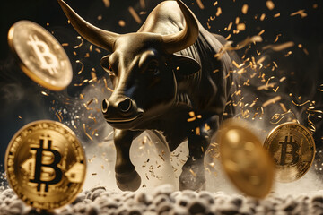 Running bull and bitcoin shiner for crypto bull run concept.