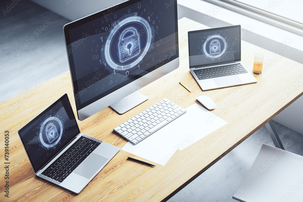 Poster Creative lock sketch with chip hologram on modern computer monitor, protection of personal data concept. 3D Rendering