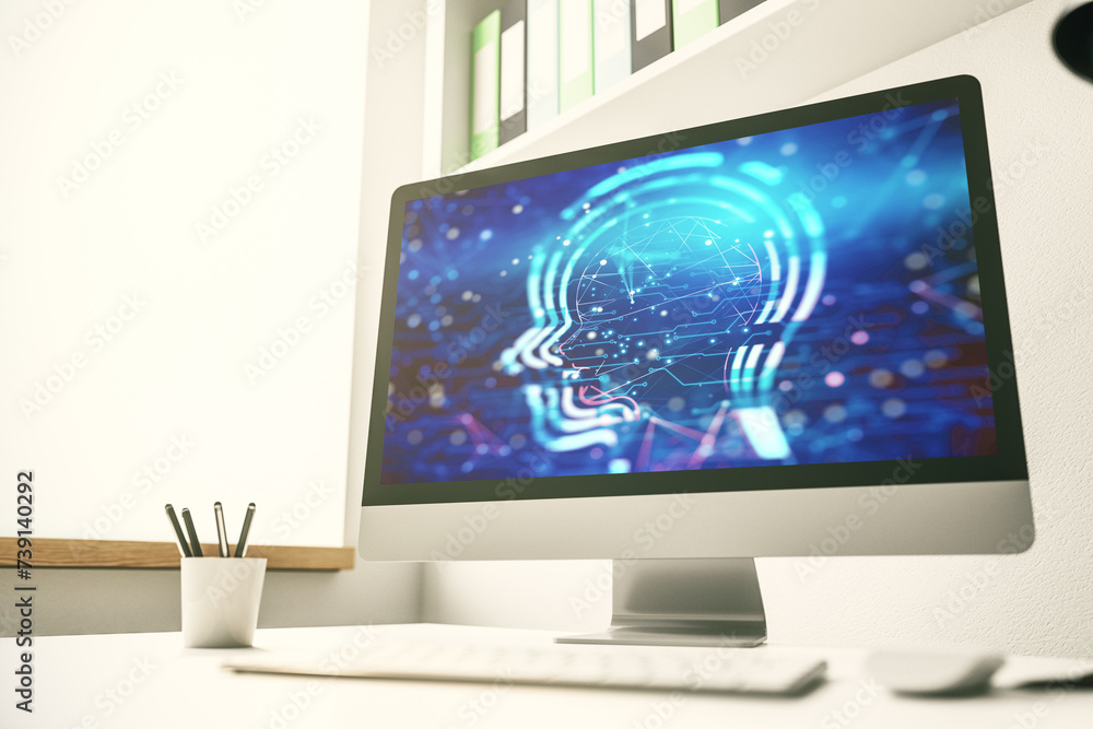 Aufkleber Creative artificial Intelligence concept with human head sketch on modern computer monitor. 3D Rendering