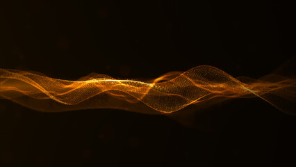Abstract representation of golden light waves on dark background. light dynamics in a digital art form. 3D rendering.