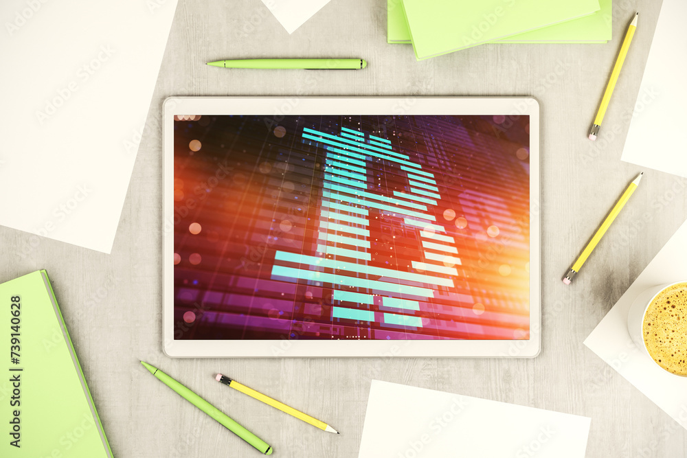 Poster Top view of modern digital tablet screen with creative Bitcoin symbol hologram. Mining and blockchain concept. 3D Rendering