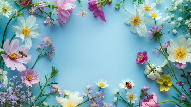 Spring flowers frame with bee and ladybug. Seamless looping time-lapse video animation background